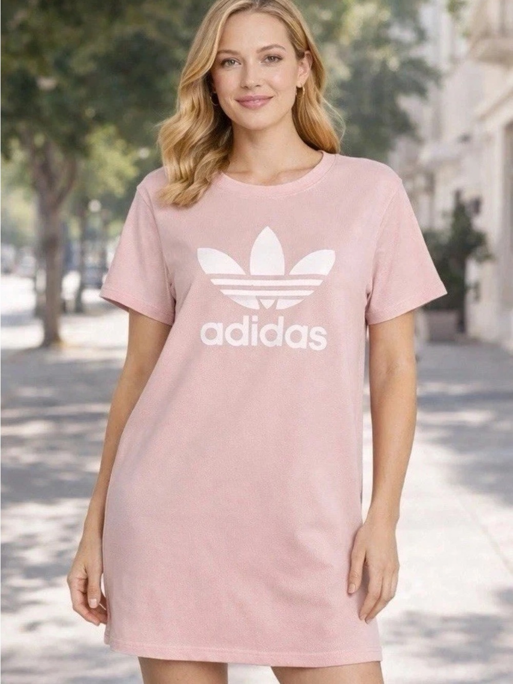 ADIDAS Originals Women’s Short Sleeve T-Shirt Dress Medium Pink White Trefoil - Picture 1 of 8